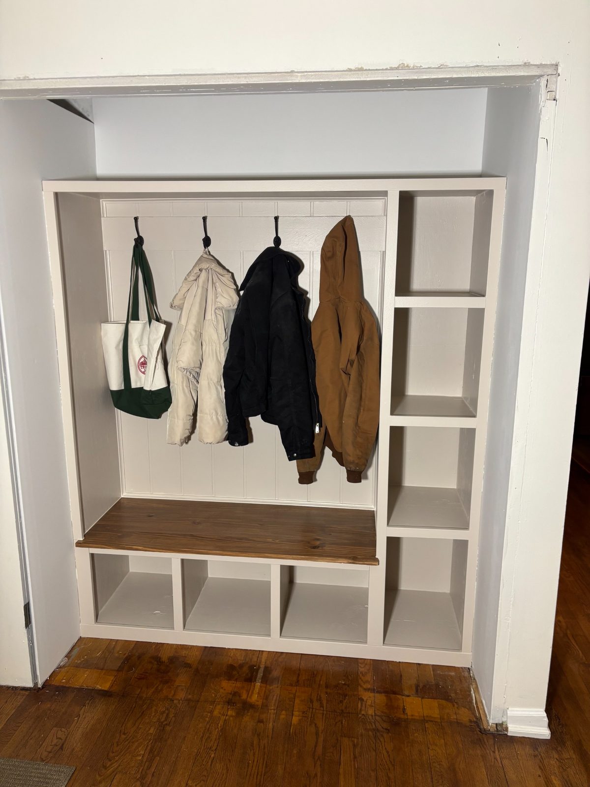 Completed custom mudroom built-in
